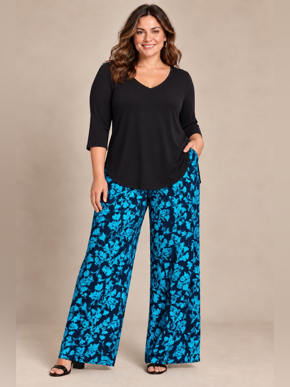 Lane Bryant Floral Pull On Wide Leg Slinky Pants Turquoise Stretch Travel 14/16